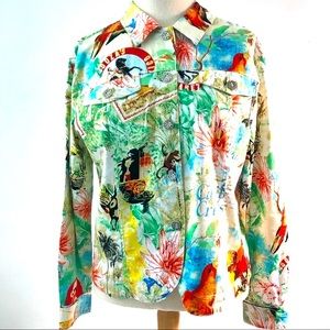 Colorful Print Jean Jacket Travel themed funky vintage vacation wear
